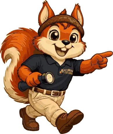 The Acorn Wildlife squirrel mascot in uniform, holding an inspection flashlight